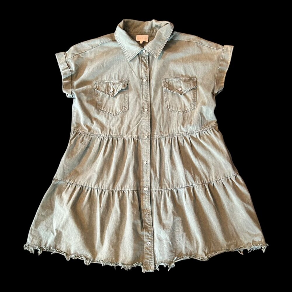 Entro Boho Western Green Denim Pearl Snap Buttons Tiered Dress L